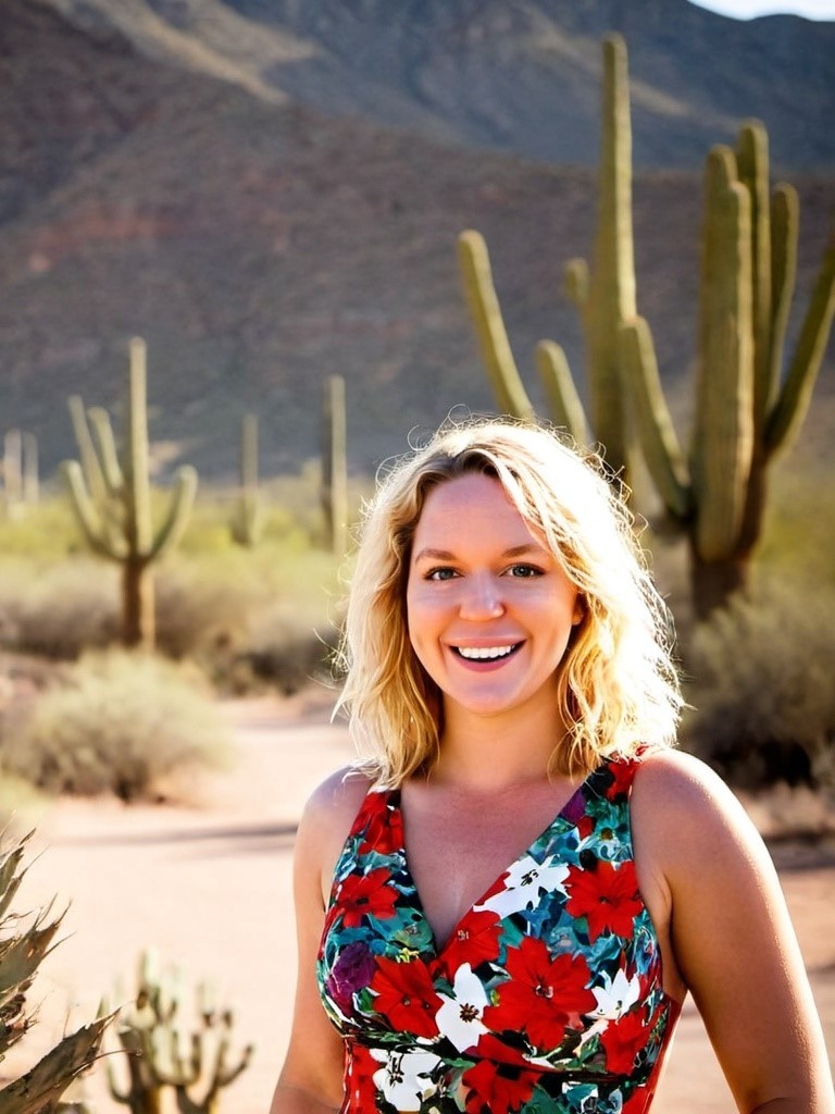 Kara in the desert wearing a floral print dress.